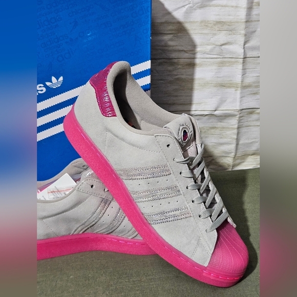 Adidas Superstars ASW Women's Gray suede Sneakers with Pink Sole - Picture 5 of 14